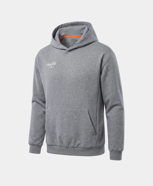 A flecking gray Toasty Unisex 5-Zone Heated Pullover Hoodie, displayed in a front view showcasing its relaxed fit, wide kangaroo pocket, ribbed hem, and small tonal "Toasty by ororo" logo on the left chest.