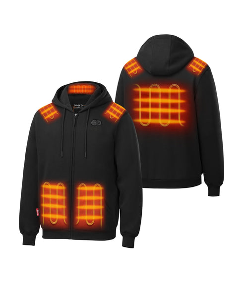 Front and back view of SureWarm® Unisex 6-Zone Fleece Heated Hoodie showing 6 heating zones
