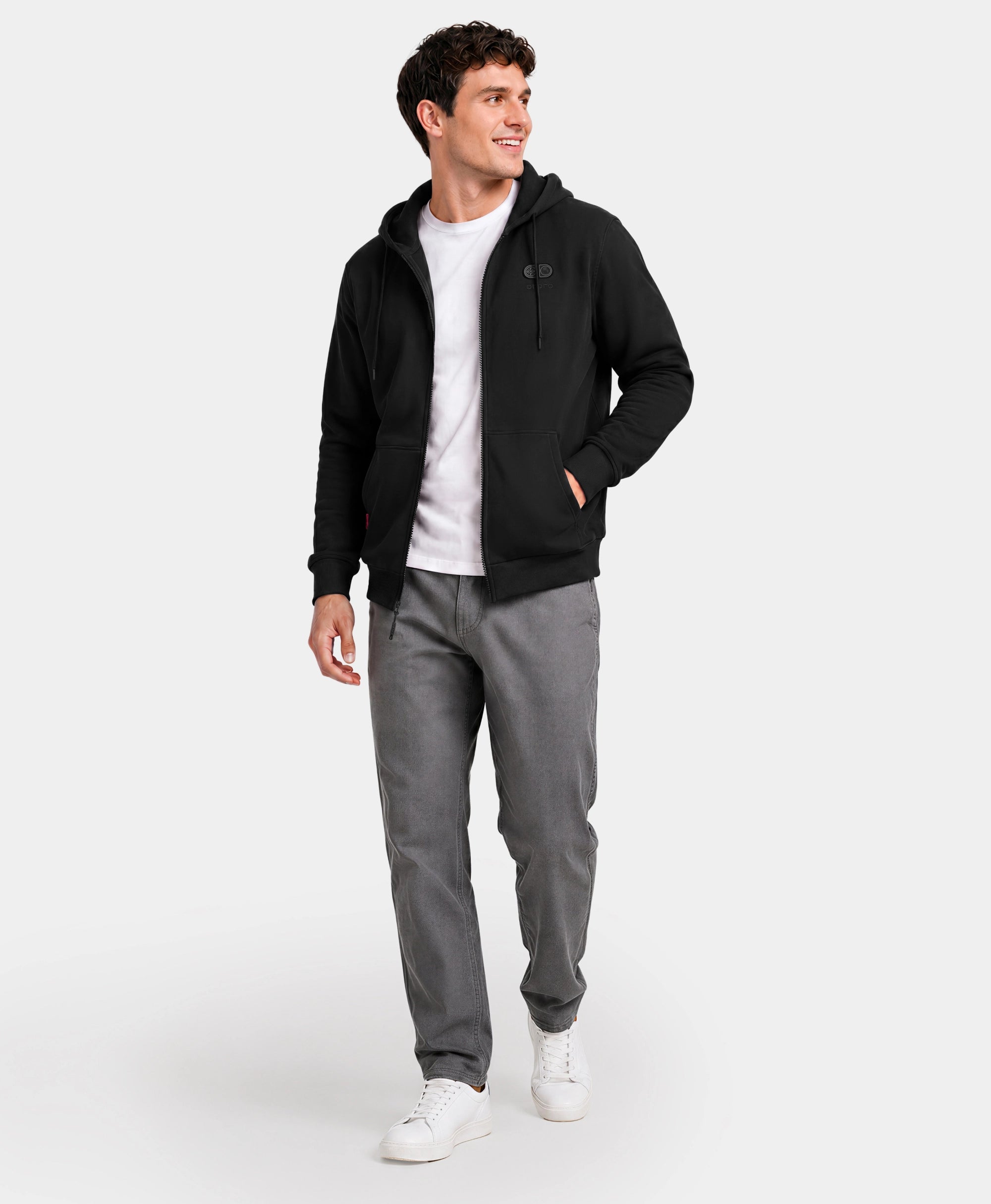 Front full-body view of SureWarm® Unisex 6-Zone Fleece Heated Hoodie in Black worn by male model