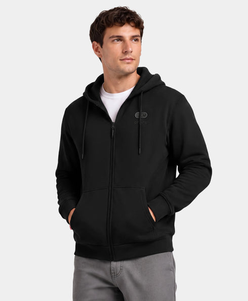 SureWarm® Unisex 6-Zone Fleece Heated Hoodie in Black featuring full-zip design and front pockets