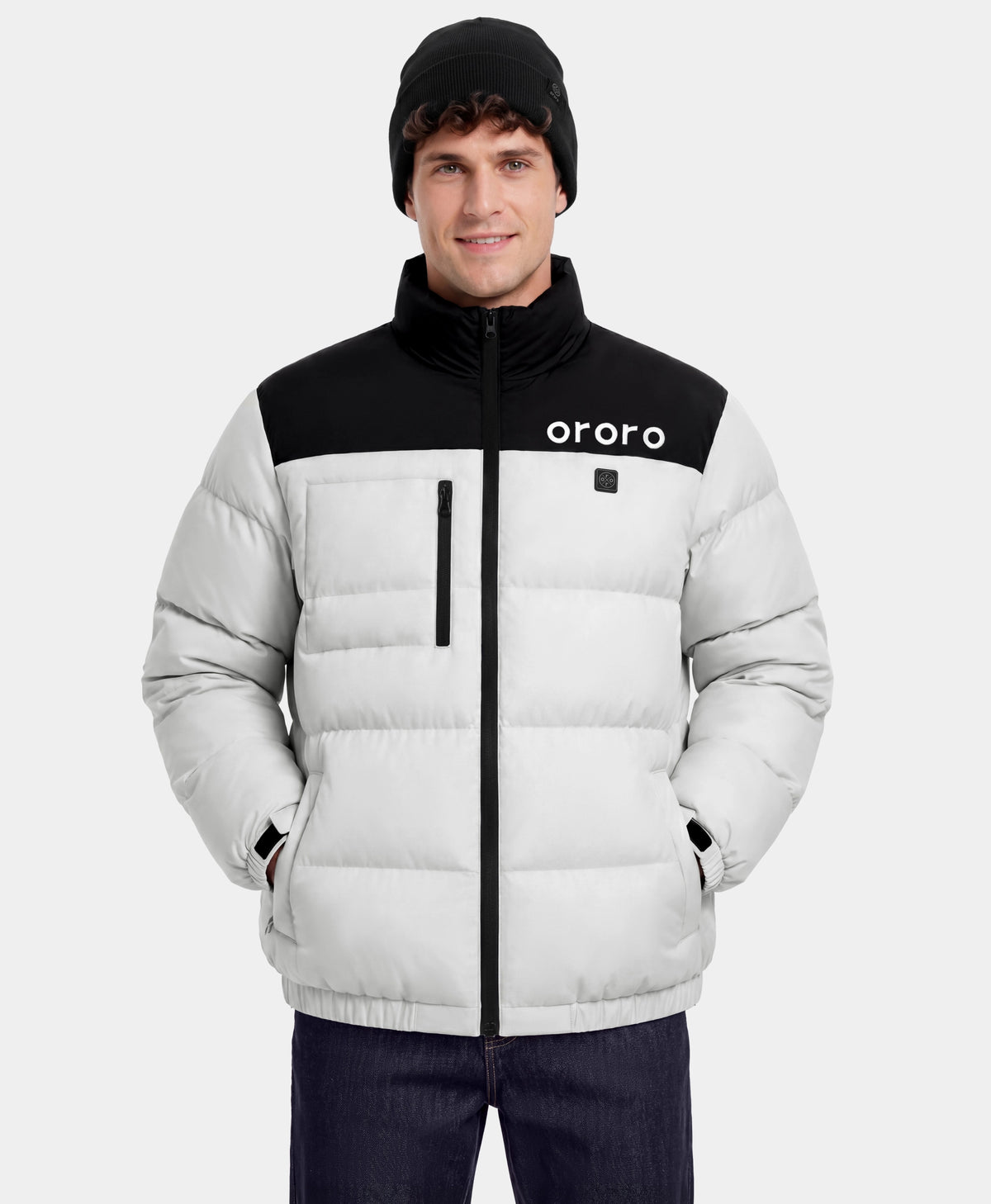 Man wearing black and white puffer jacket front view