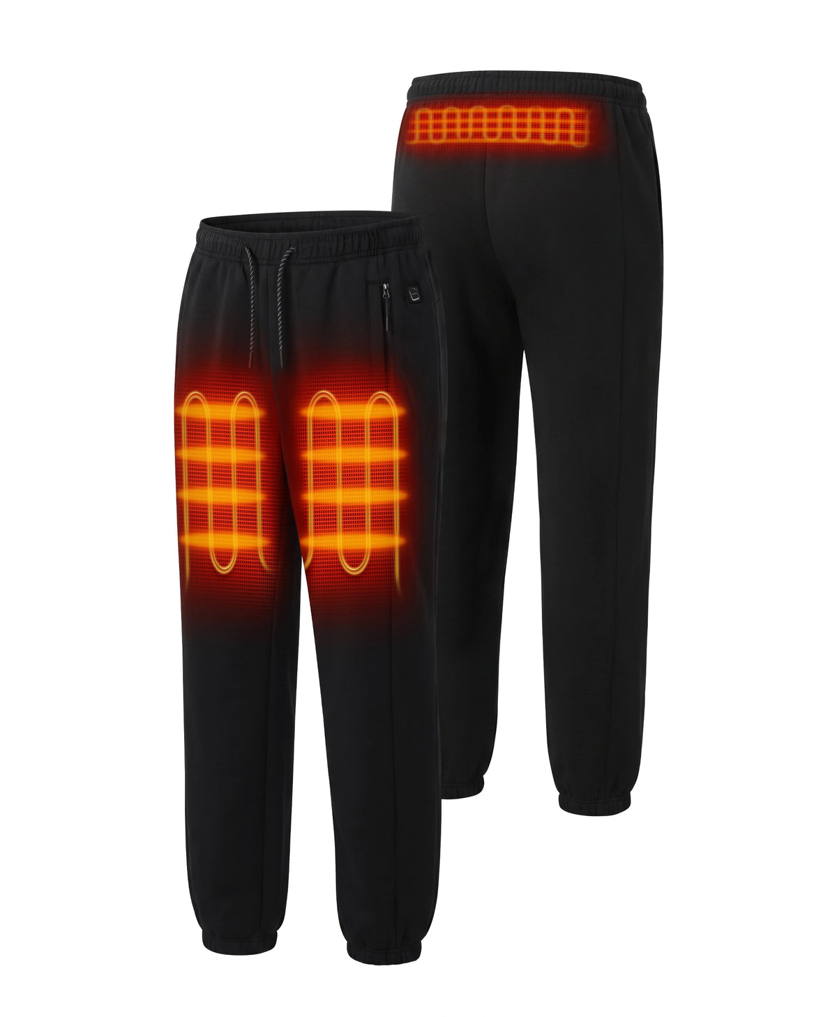 Black sweatpants shown from the front and back, with glowing orange heat-map graphics indicating built-in heating zones on the upper thighs and waistband.