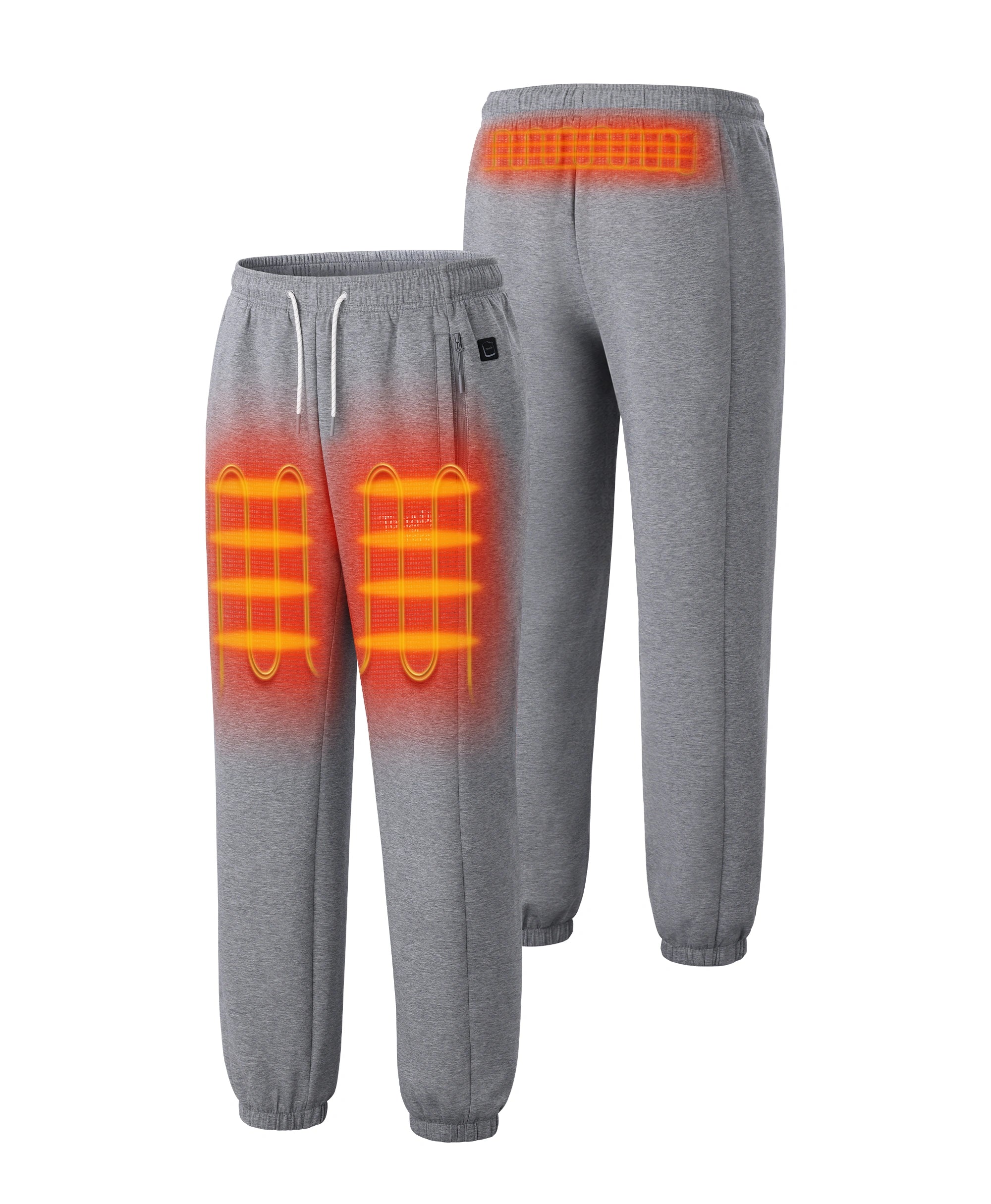 Toasty Unisex 3-Zone Heated Fleece Sweatpants in Flecking Gray with orange heat zones on thighs and waist
