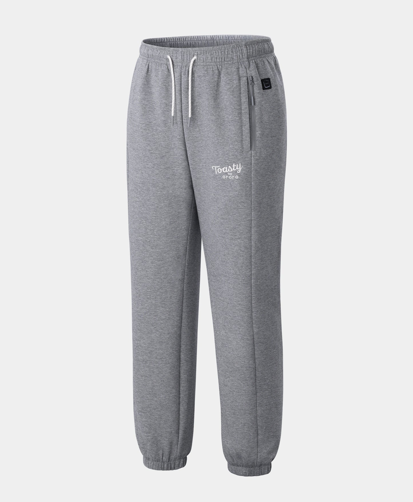 Toasty Unisex 3-Zone Heated Fleece Sweatpants in Flecking Gray with white drawstring and elastic cuffs