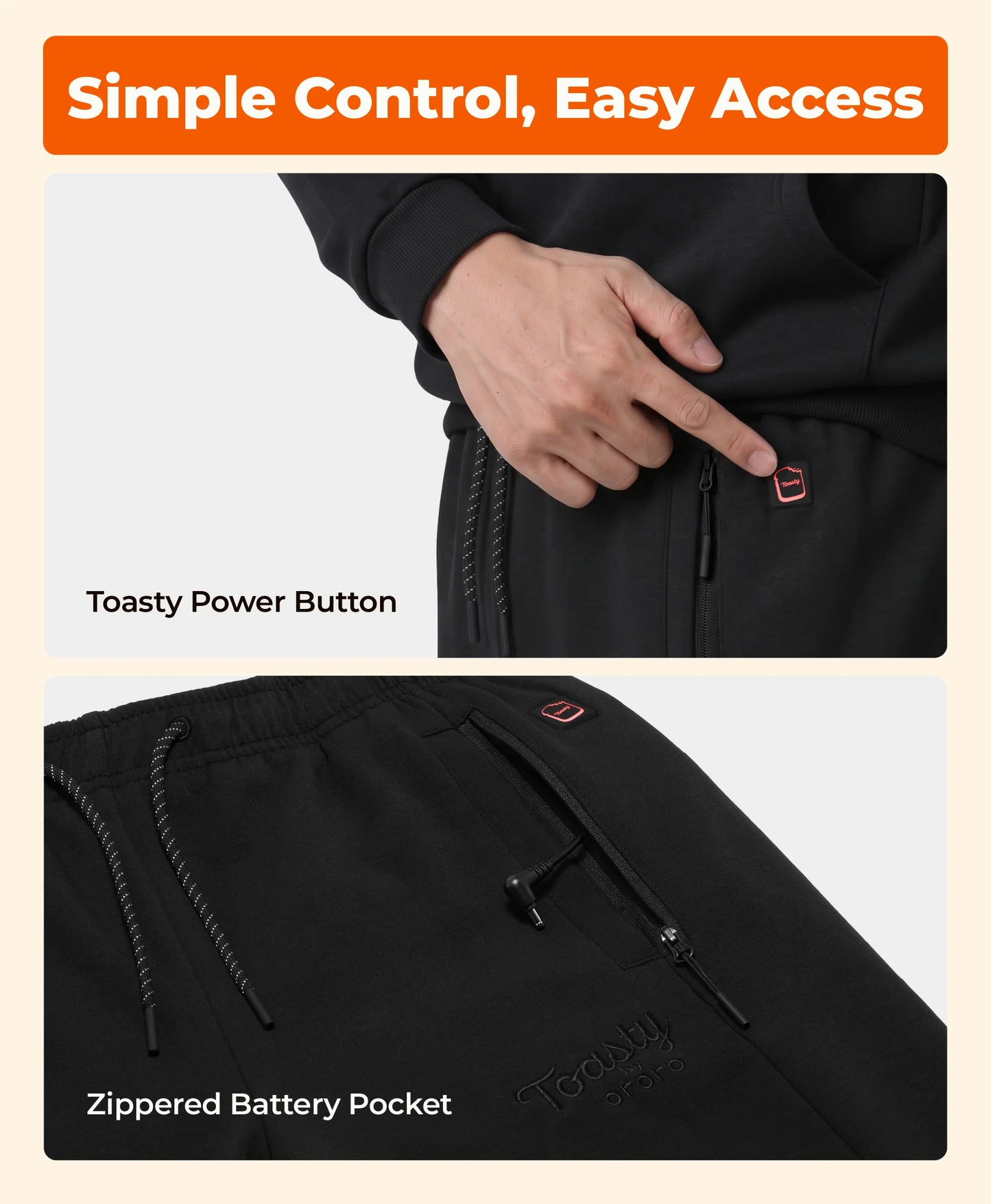 Two-panel product feature graphic showing a black zippered hoodie with a hand pressing a 'Toasty Power Button' and a close-up of a 'Zippered Battery Pocket'. The top panel has an orange header reading 'Simple Control, Easy Access'.