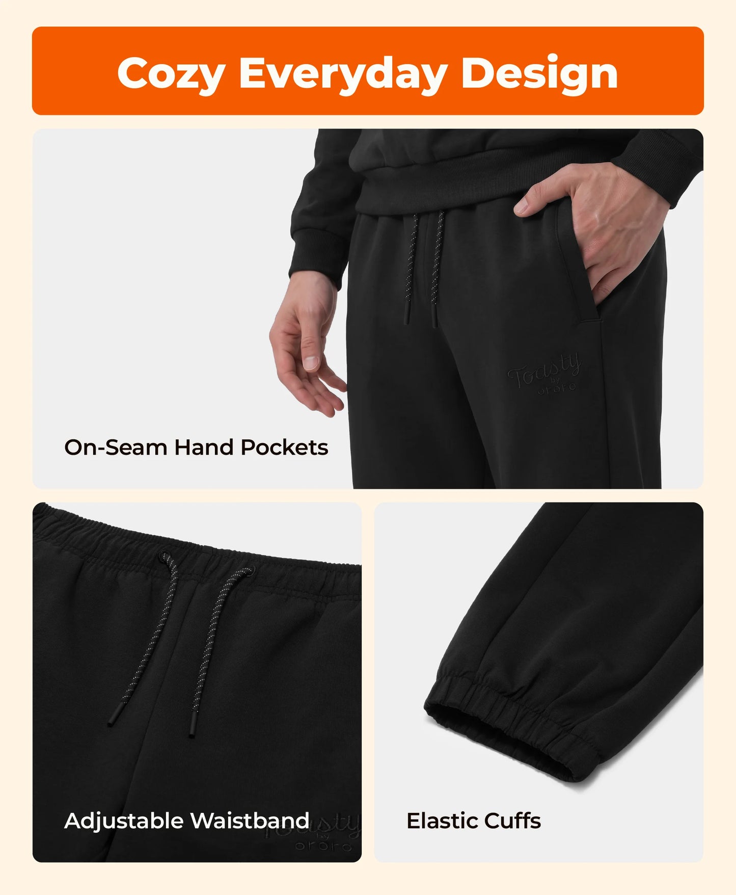 Black sweatpants shown in a feature-callout layout with text reading 'Cozy Everyday Design,' 'On-Seam Hand Pockets,' 'Adjustable Waistband,' and 'Elastic Cuffs.' The top panel shows part of a person wearing the pants, while the bottom panels are close-up detail shots of the pockets, waistband, and cuff.