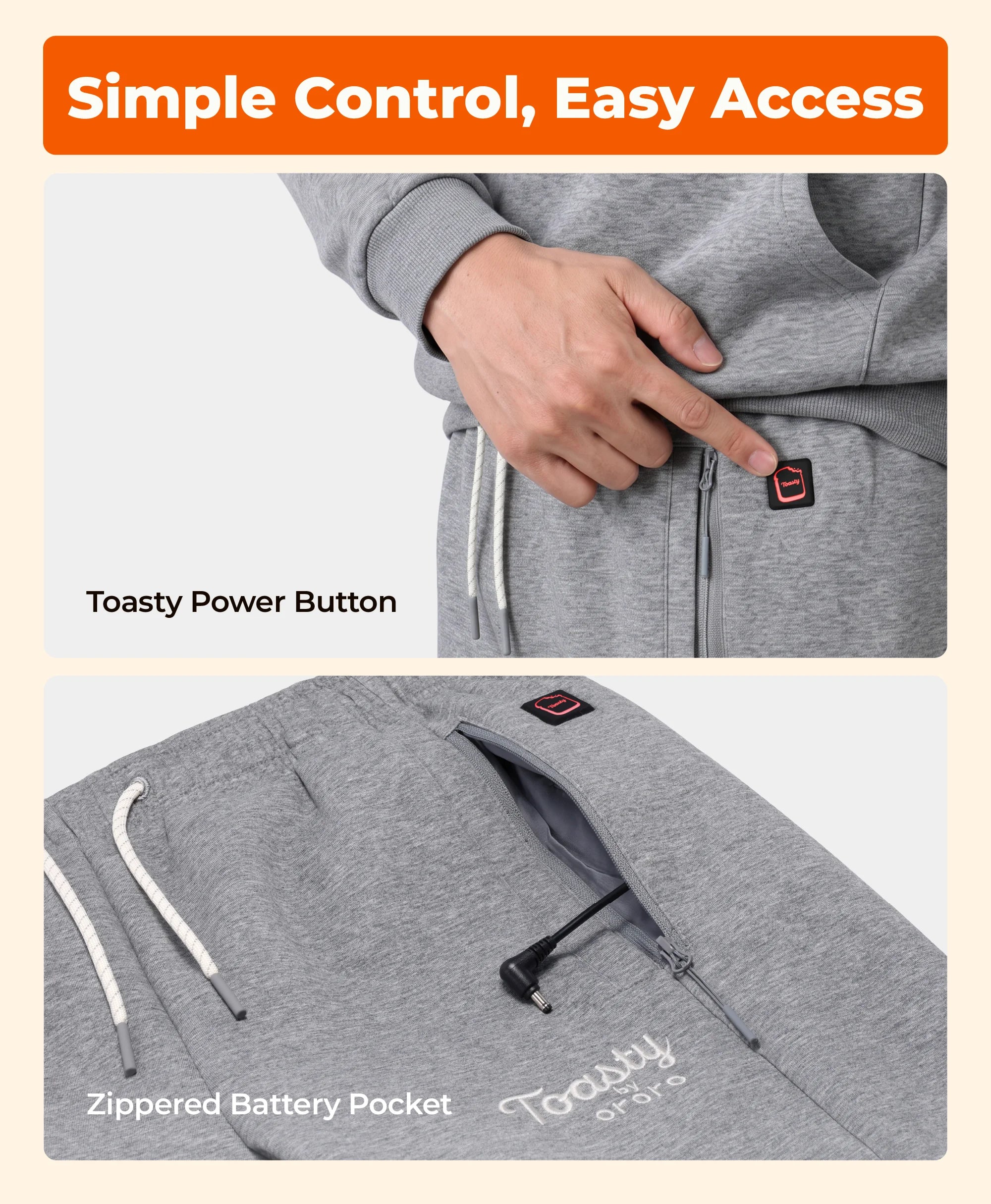 A close-up promotional graphic of a gray hoodie showing a hand pressing a small power button on the pocket, with text reading 'Toasty Power Button' and another panel showing a zippered battery pocket. The top has an orange banner reading 'Simple Control, Easy Access.