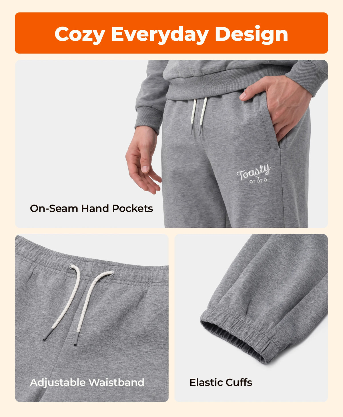A three-panel product feature graphic showing gray heather sweatpants. The top panel shows a cropped model wearing the pants with an orange banner reading 'Cozy Everyday Design.