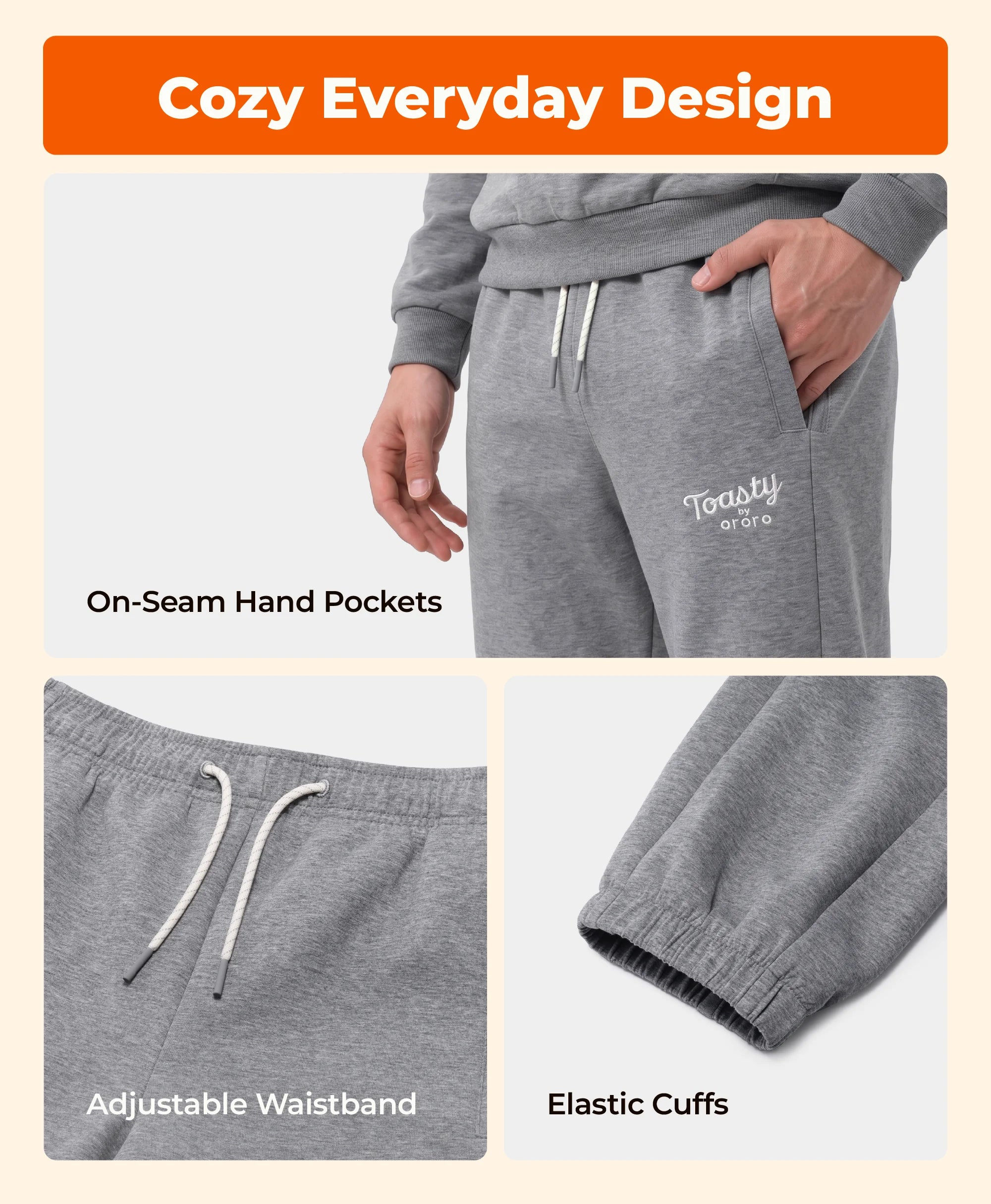 A three-panel product feature graphic showing gray heather sweatpants. The top panel shows a cropped model wearing the pants with an orange banner reading 'Cozy Everyday Design.