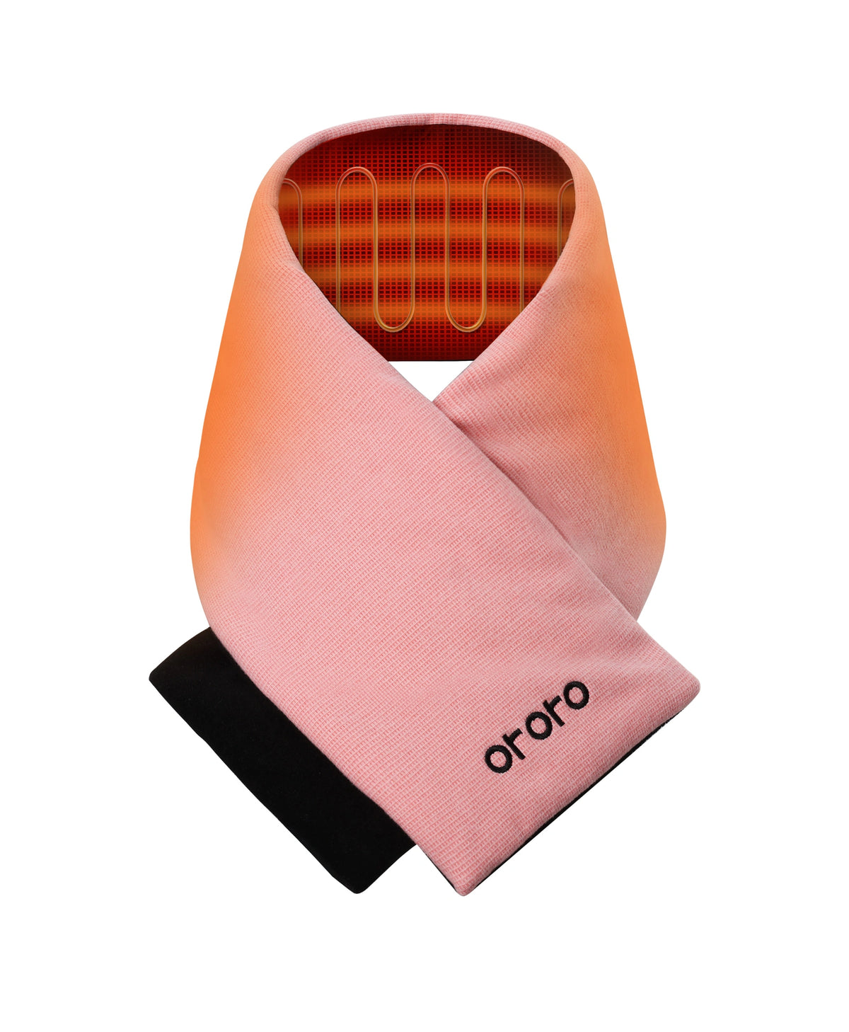 Pink heated scarf displaying illuminated orange neck heating zone