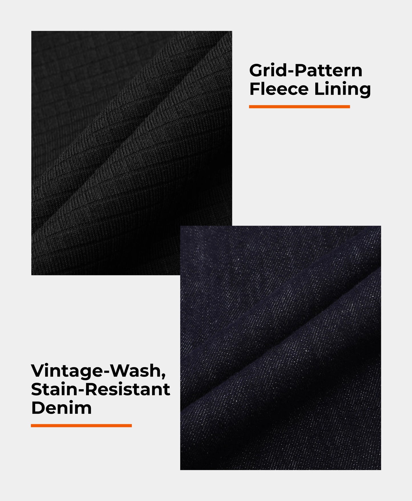 grid-pattern fleece lining and stain-resistant denim