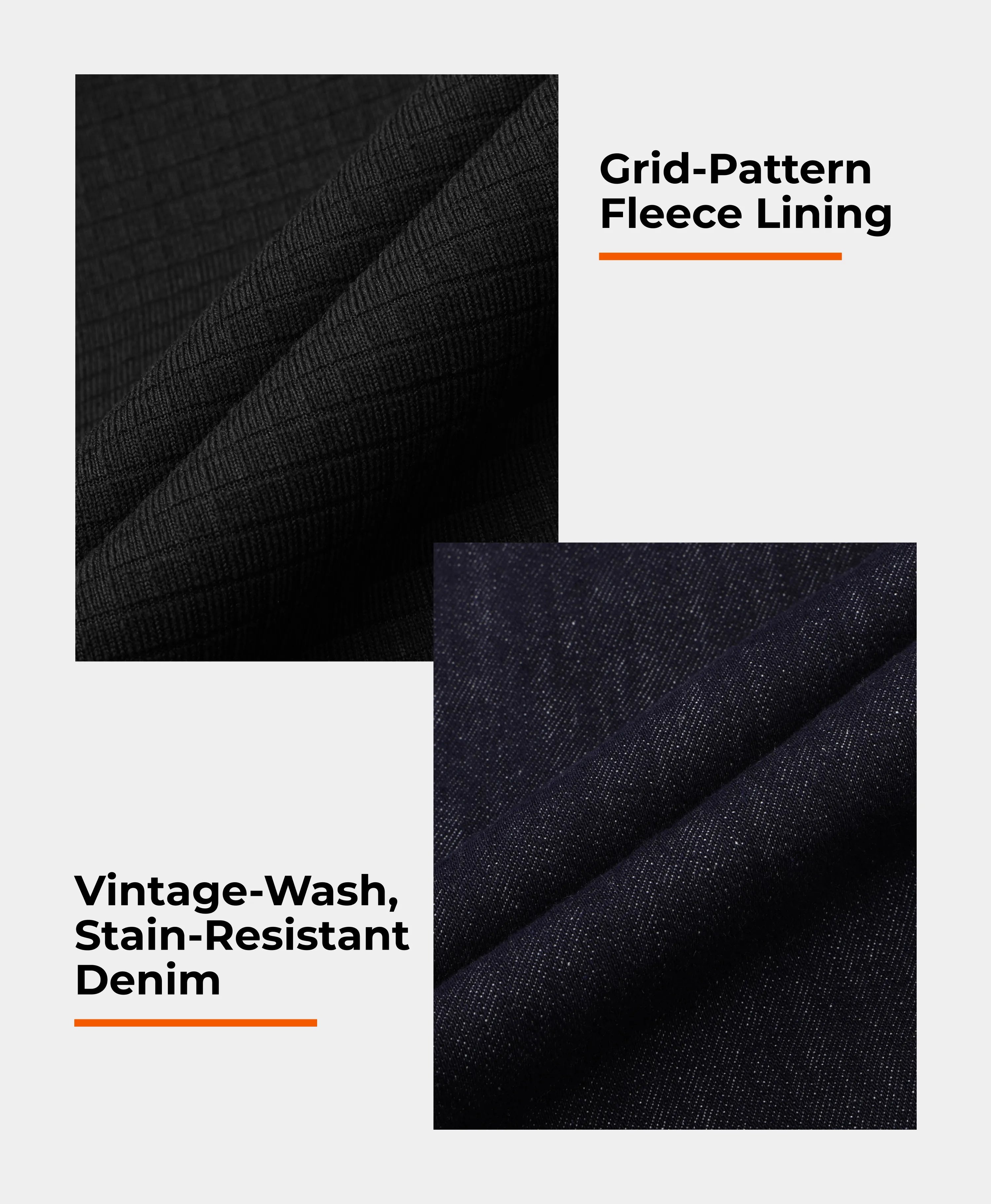 grid-pattern fleece lining and stain-resistant denim