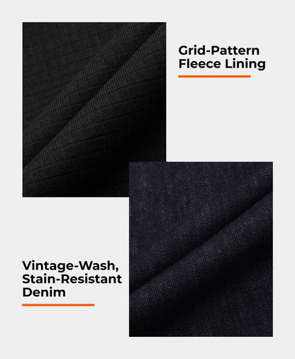 grid-pattern fleece lining and stain-resistant denim