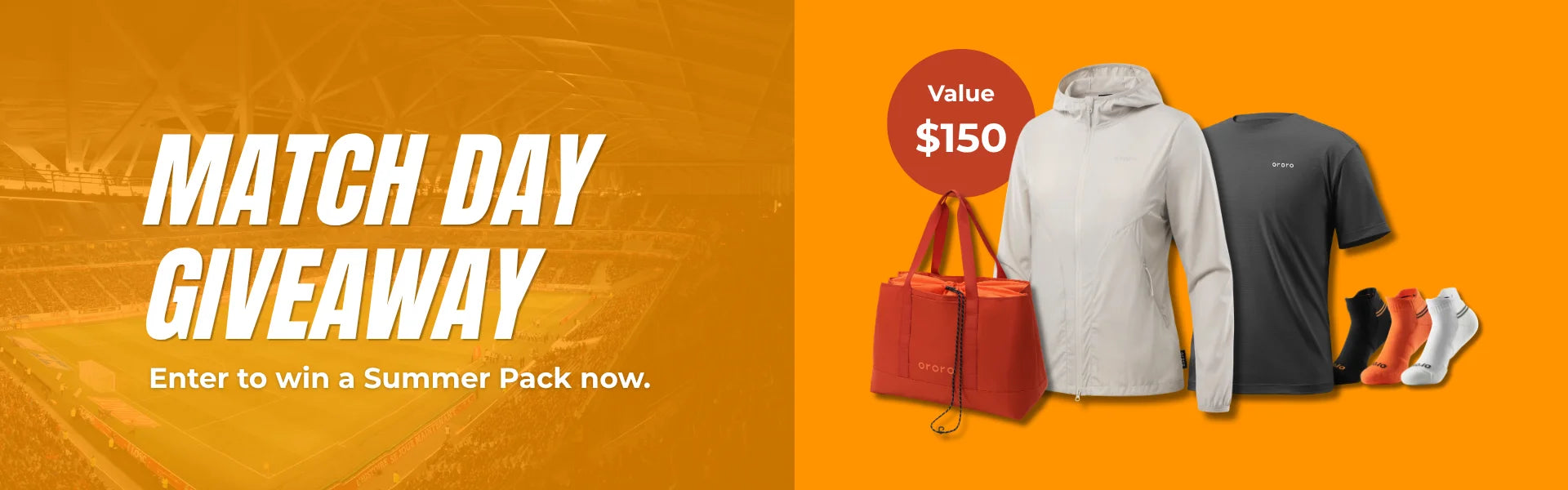 Promotional banner for a 'Match Day Giveaway' with summer clothing and accessories on an orange background.