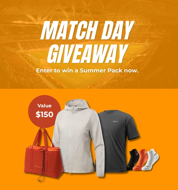 Promotional graphic for a 'Match Day Giveaway' with clothing and bag on an orange background.