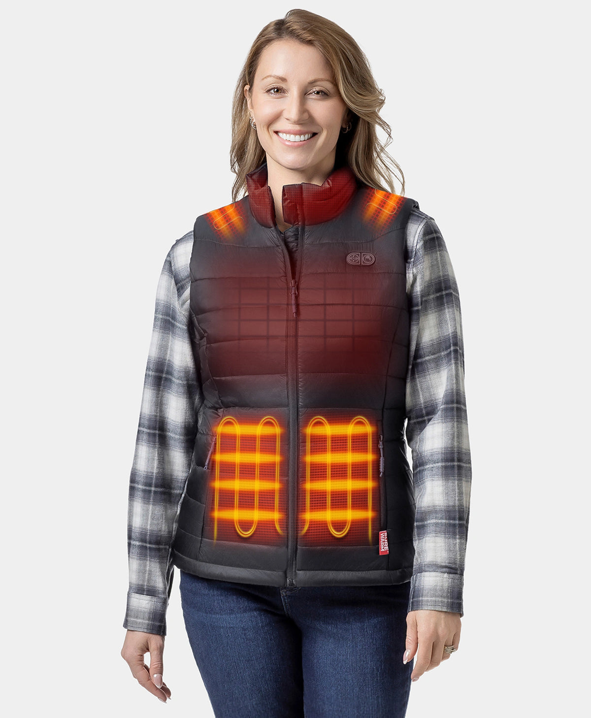 Woman wearing an ororo SureWarm heated vest with heating zones highlighted.