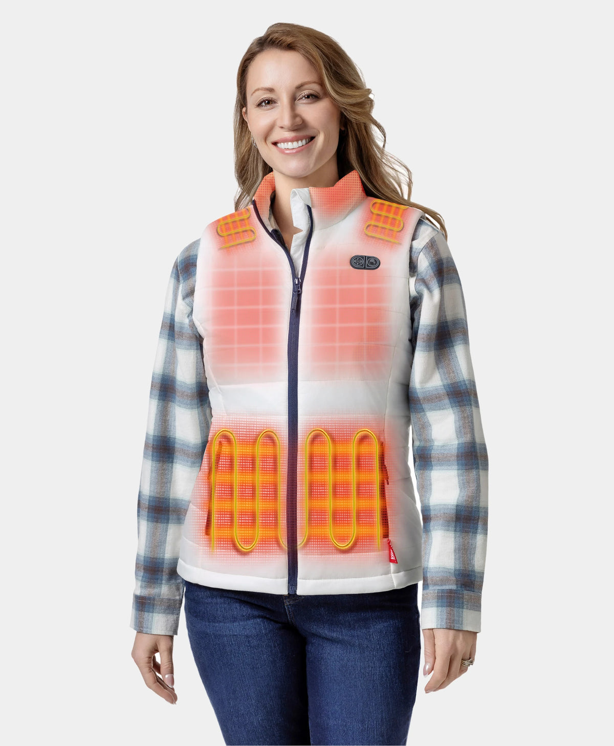 Woman wearing an ororo SureWarm heated vest with heating zones highlighted.