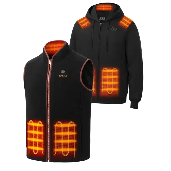 Black heated vest and hoodie displaying illuminated heating zones