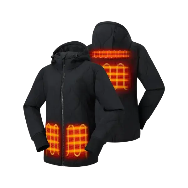 Black heated jacket displaying illuminated heating zones