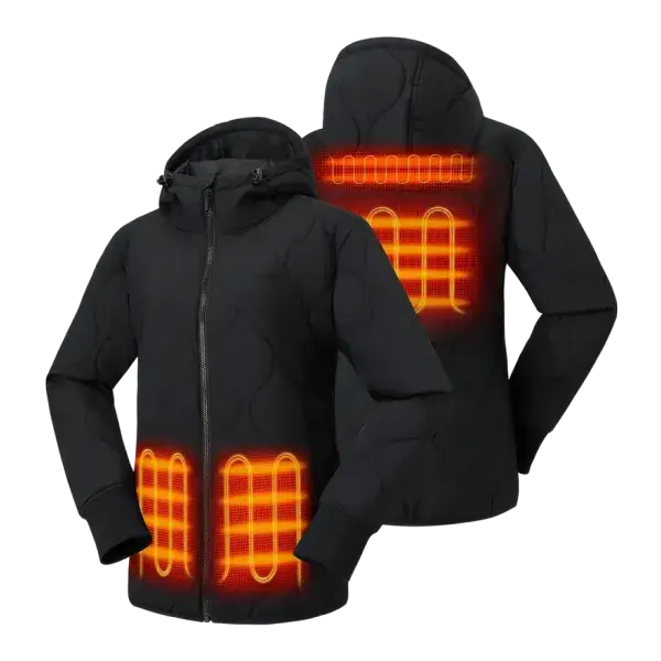 Front and back view of a black hooded heated jacket showing illuminated heating zones